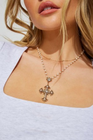 Women Garage Set Of 2 Pearl & Cross Rosary Necklaces White / Gold | A-4562139