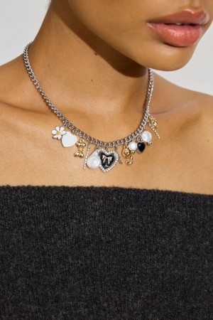 Women Garage Vintage Hearts & Pearls Charm Necklaces Black / White / Silver | A-6835270